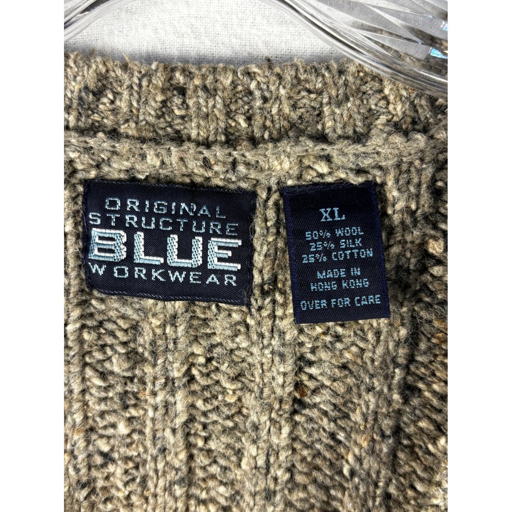 Original Structure Blue Workwear Mens XL Wool Silk Blend Cable Knit Cardigan Vst - Picture 2 of 9